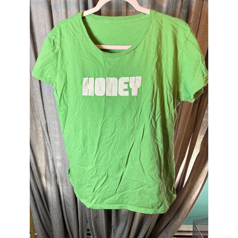 Green Honey Graphic Glitter T-Shirt Short‎ Sleeve Crew Neck Tee